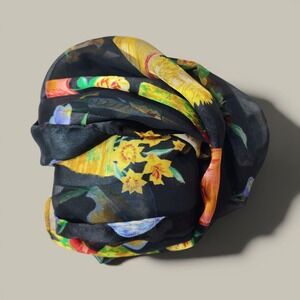 Beatrix Potter Floral Scarf Black Botanical Print Sheer Stripes Boho Cottagecore